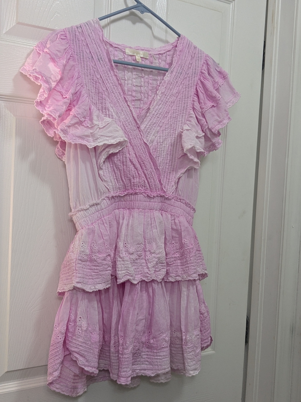 LoveShackFancy pink ruffled eyelet tiered mini dress